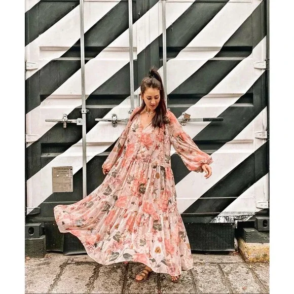 Chiffon Wide Cut Floral Dress Balloon Slee… - Picture 10 of 14